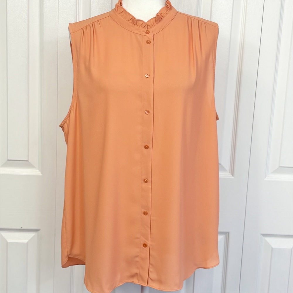 NWT NYDJ Orange Sleeveless Ruffle Neck Button Down Blouse XL